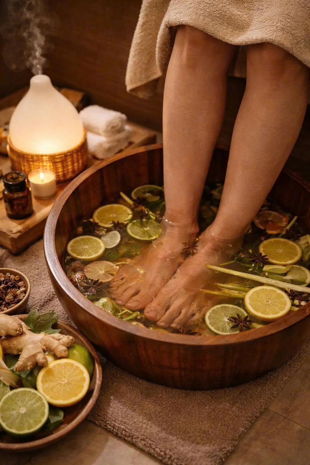 A guest enjoying a warm botanical foot soak at Apollo Spa