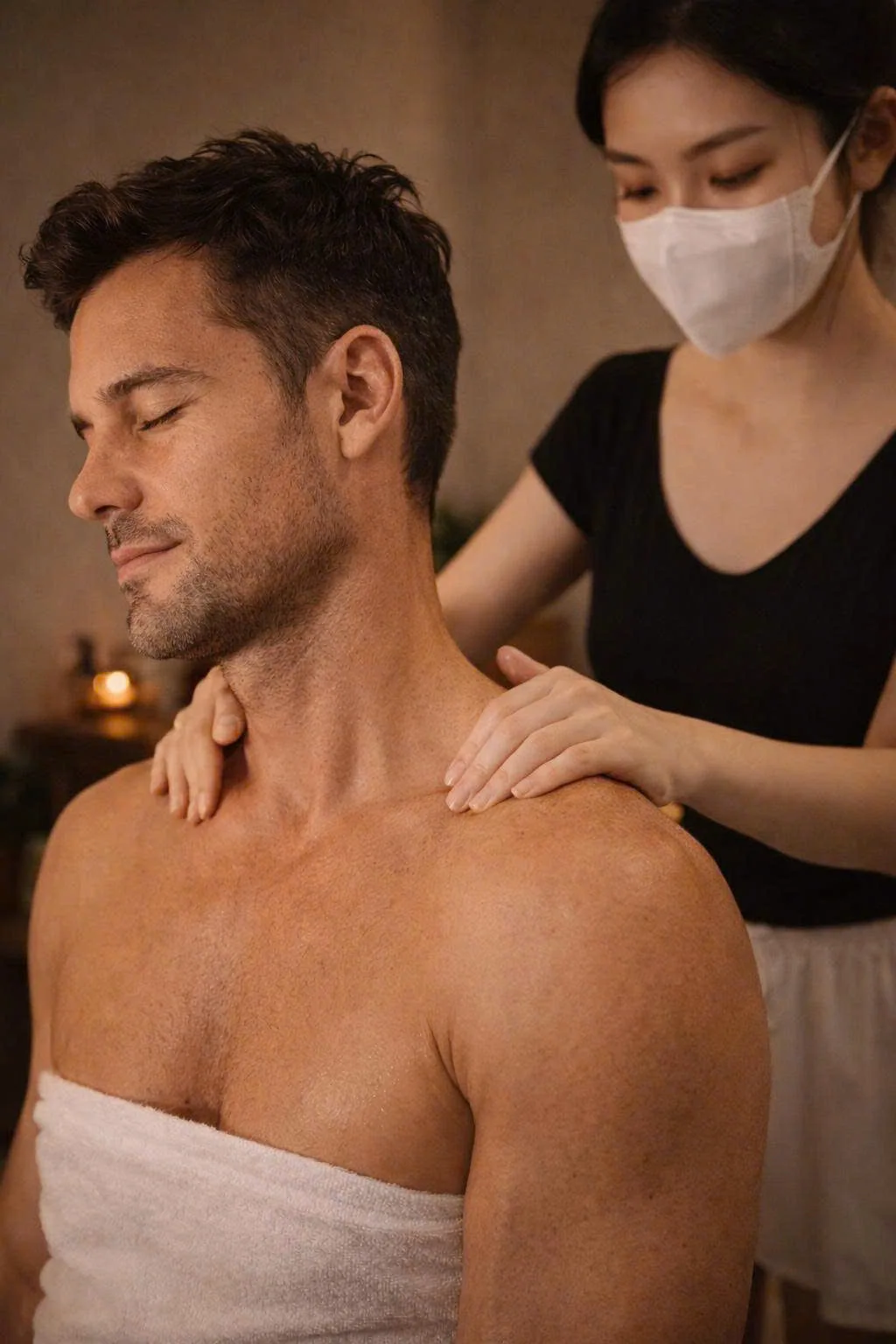A therapist working on a guest's shoulders at Apollo Spa